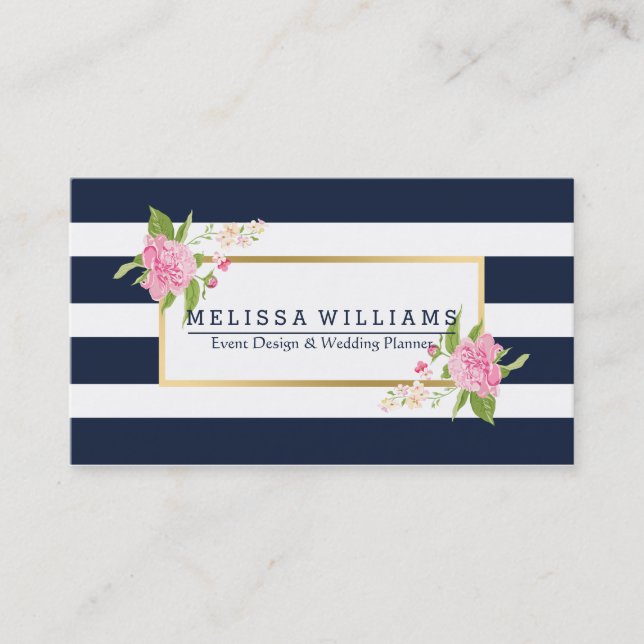 Carte De Visite Bleu & Blanc moderne Grilles Or & Floral Accent (Devant)