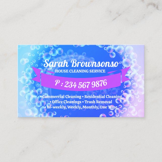 Carte De Visite Bleu bulles violettes Nettoyage Laver (Devant)
