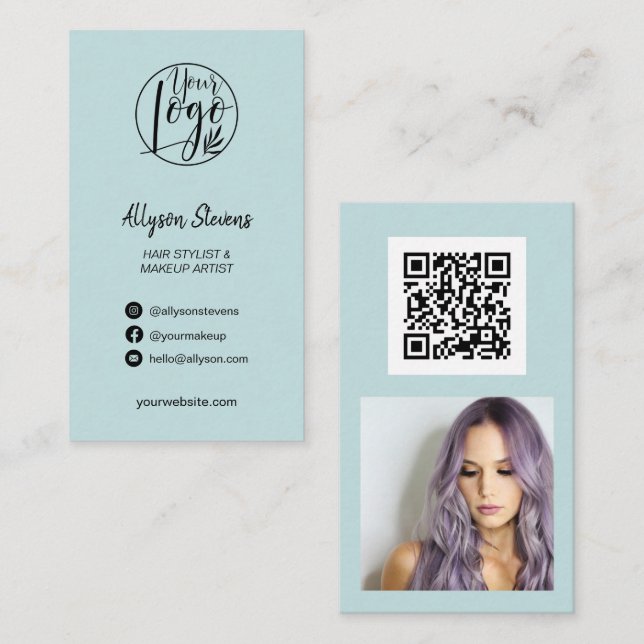 Carte De Visite Bleu chic maquillage photo logo simple qr code (Devant / Derrière)