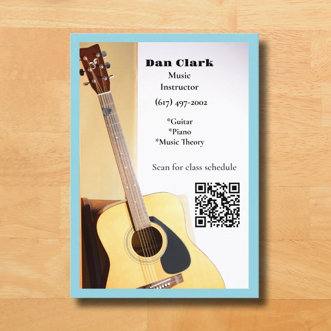 Carte De Visite Bleu clair QR Code Musique Enseignant Guitare acou (Light Blue Music Teacher Guitar Business Card )