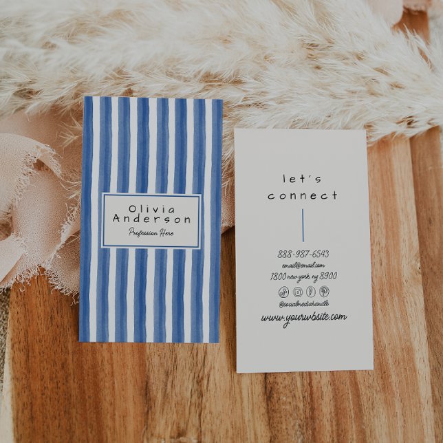 Carte De Visite Bleu de la marine Retro Turquoise main tiré rayure (Créateur téléchargé)