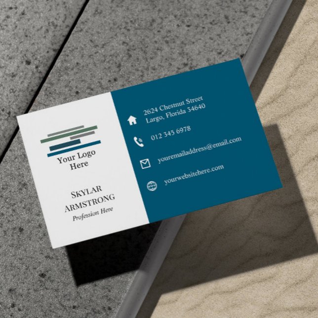 Carte De Visite Bleu Deux Tons Blanc Votre Logo Icônes Un Côté (Créateur téléchargé)