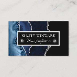 Carte De Visite Bleu Élégant et Paillettes d'Argent Marbre Agate