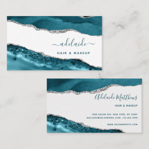 Carte De Visite Bleu Et Argent Art Moderne Aquarelle Script Agate