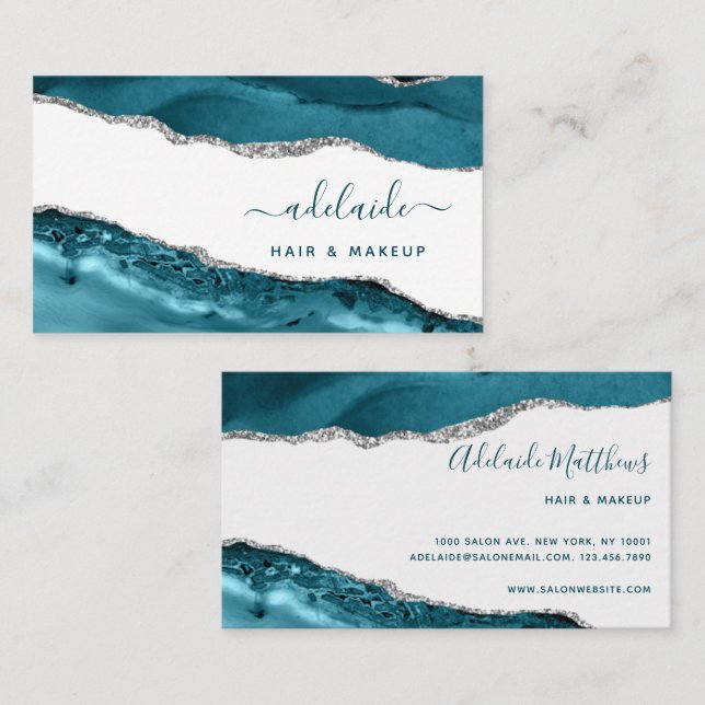 Carte De Visite Bleu Et Argent Art Moderne Aquarelle Script Agate (Devant / Derrière)
