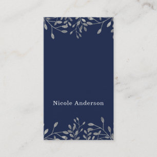 Carte De Visite Bleu et argent botanique moderne élégant chic