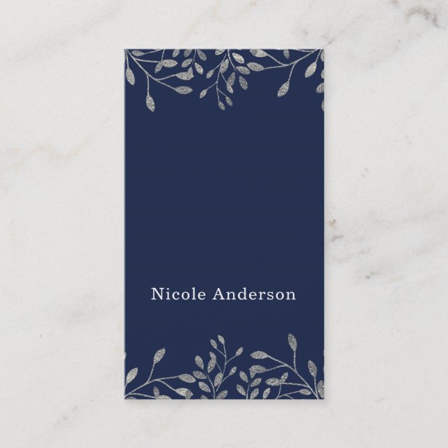 Carte De Visite Bleu et argent botanique moderne élégant chic (Devant)