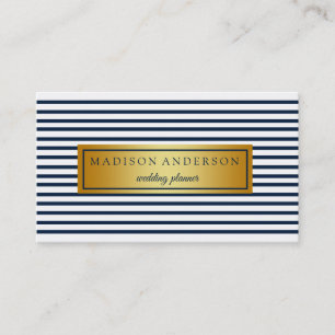 Carte De Visite Bleu et blanc Chic rayures dans Gold Business Ca