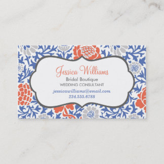 Carte De Visite Bleu et corail Rétro Damas florales