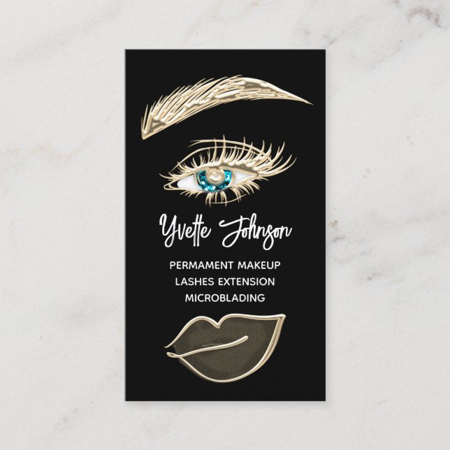 Carte De Visite Bleu Eyelash Brosses logo de maquillage QR Code Or (Devant)