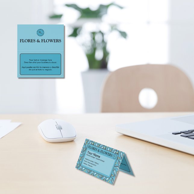 Carte De Visite Bleu Feuille bilingue plié (Blue turquoise leaves business card, bilingual editable text Spanish, tarjeta multilingual project)