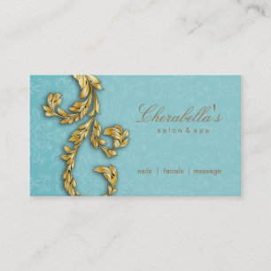 Carte De Visite Bleu floral de feuille d'or de spa élégant de