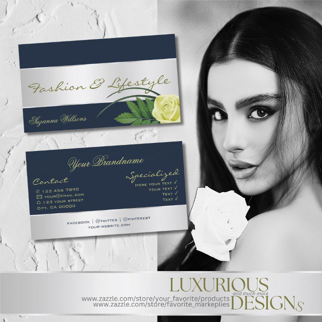 Carte De Visite Bleu foncé avec décoration argentée Superbe fleur  (Créateur téléchargé)