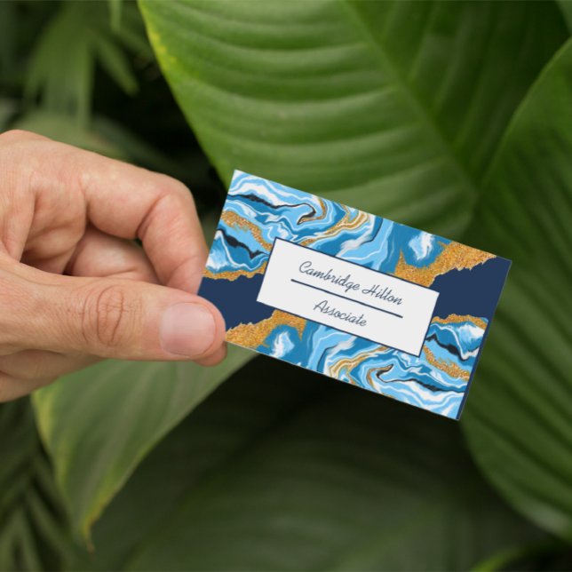 Carte De Visite Bleu foncé, blanc et doré Marbre Fluid Art (Créateur téléchargé)