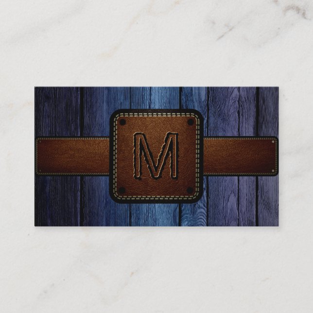 Carte De Visite Bleu foncé Bois Brown cuir look Monogramme (Devant)