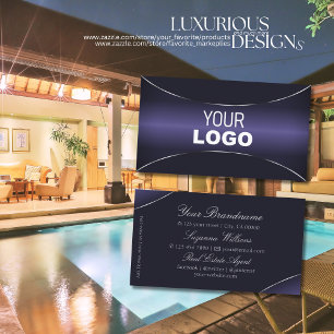 Carte De Visite Bleu foncé élégant avec bordure et logo en argent