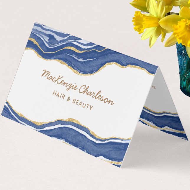Carte De Visite Bleu Marbre Agate Gold Parties scintillant code QR (Navy indigo blue and white agate marble watercolor custom text QR code business card)