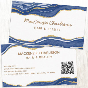 Carte De Visite Bleu Marbre Agate Or Parties scintillant QR Code