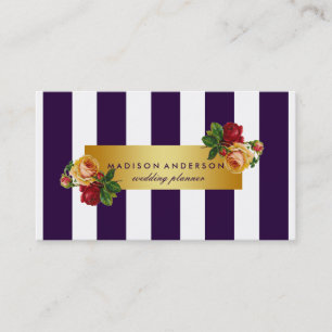 Carte De Visite Bleu marine blanc chic rayures argent floral vinta