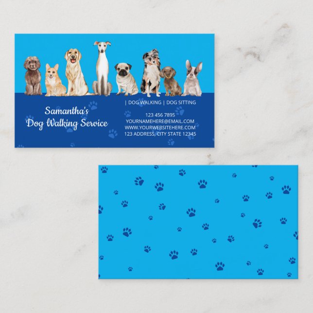 Carte De Visite Bleu Marine Cute Paws Aquarelle Chiens (Devant / Derrière)