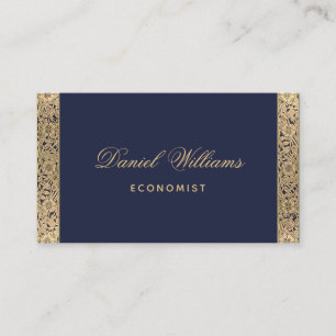 Carte De Visite Bleu marine élégant vintage roses dorées & calligr