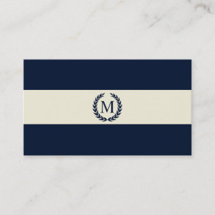 Carte De Visite Bleu marine et monogramme de rayure de crème