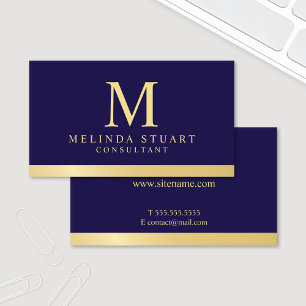 Carte De Visite Bleu marine et monogramme élégant d'or