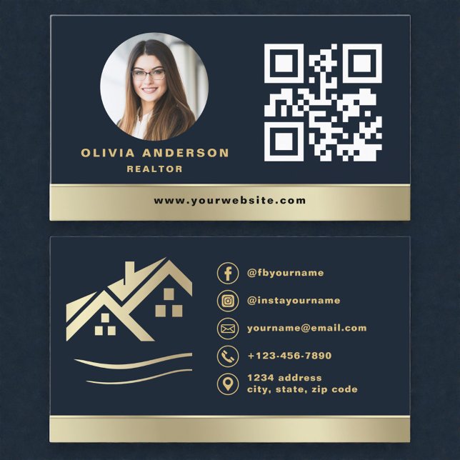 Carte de visite bleu marine QR Code Or Maison Immo (Créateur téléchargé)