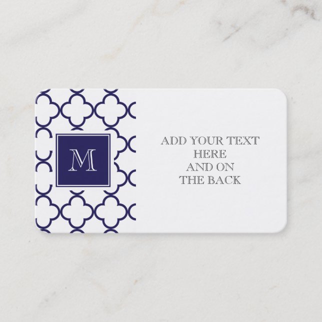 Carte De Visite Bleu marine, Quatrefoil blanc | votre monogramme (Devant)