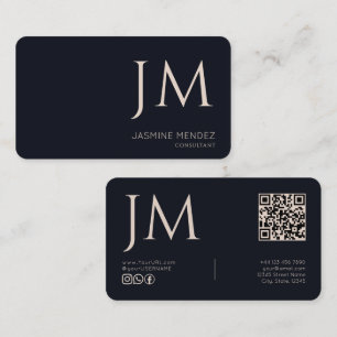 Carte De Visite Bleu Nuit Crème Monogramme Code QR Moderne