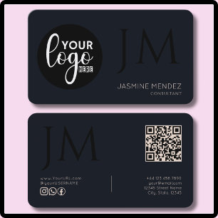 Carte De Visite Bleu Nuit Crème Noir Logo Monogramme QR Moderne