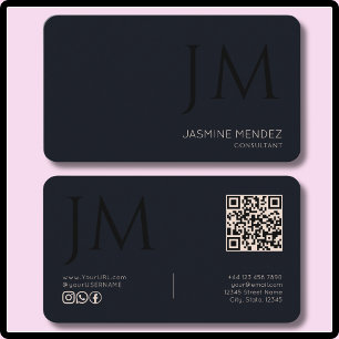 Carte De Visite Bleu Nuit Crème Noir Monogramme Code QR Moderne