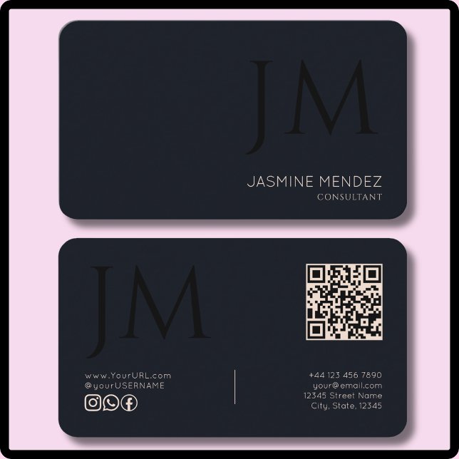 Carte De Visite Bleu Nuit Crème Noir Monogramme Code QR Moderne  (Créateur téléchargé)