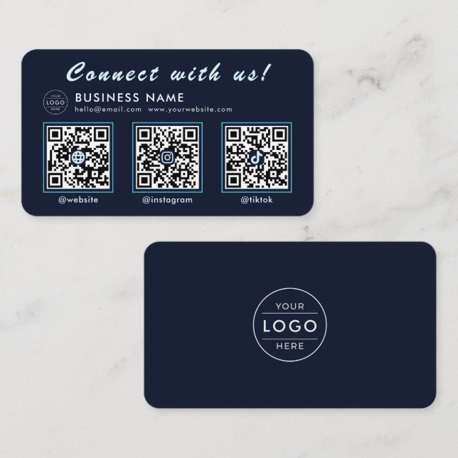 Carte De Visite Bleu Nuit de la Marine 3 Code QR Multi Social (Devant / Derrière)