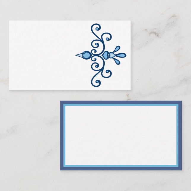 Carte De Visite Bleu oiseau élégant scroll art et bordure bleue (Devant / Derrière)