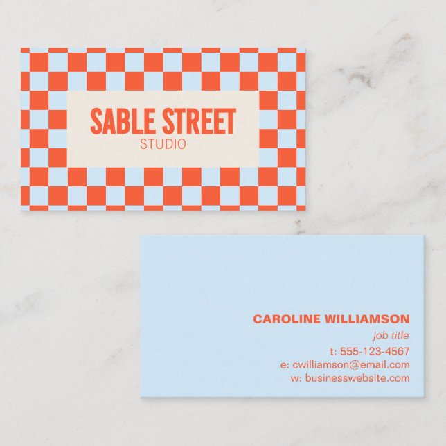Carte De Visite Bleu Orange Damier Rétro Gras Marque Créative (Devant / Derrière)