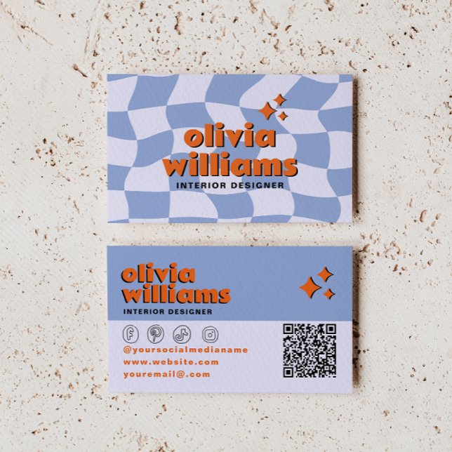 Carte De Visite Bleu Orange Rétro Code QR Groovy à Carreaux Unique (Créateur téléchargé)