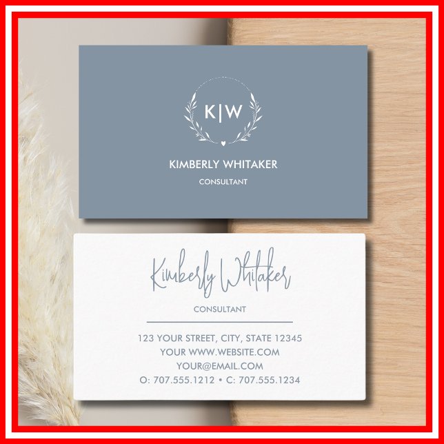 Carte De Visite Bleu Poussiéreux et Blanc | Monogramme Initiales M (Dusty Blue and White | Modern Initials Monogram Business Card)