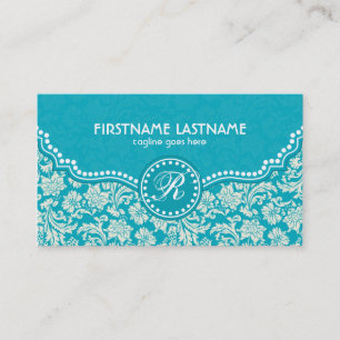 Carte De Visite Bleu Turquoise & Blanc Floral Damas Customisé