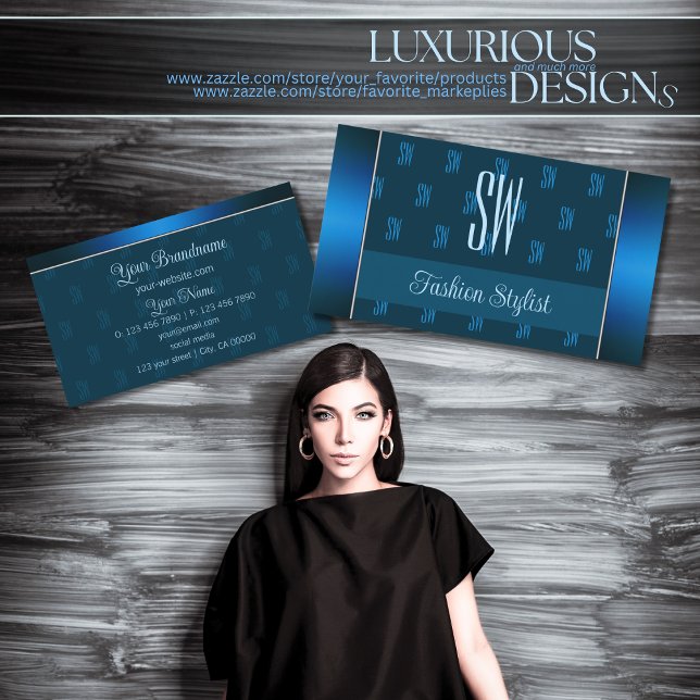 Carte De Visite Bleu Turquoise chic avec Motif Monogram Profession (Créateur téléchargé)