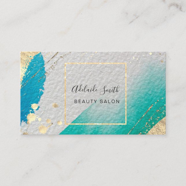 Carte De Visite bleu vert aquarelle faux or détails (Devant)