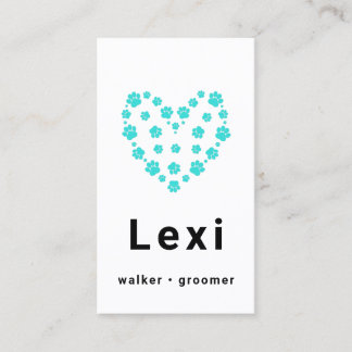 Carte De Visite Bleu vert Pawprint Coeur animal Walker Sitter