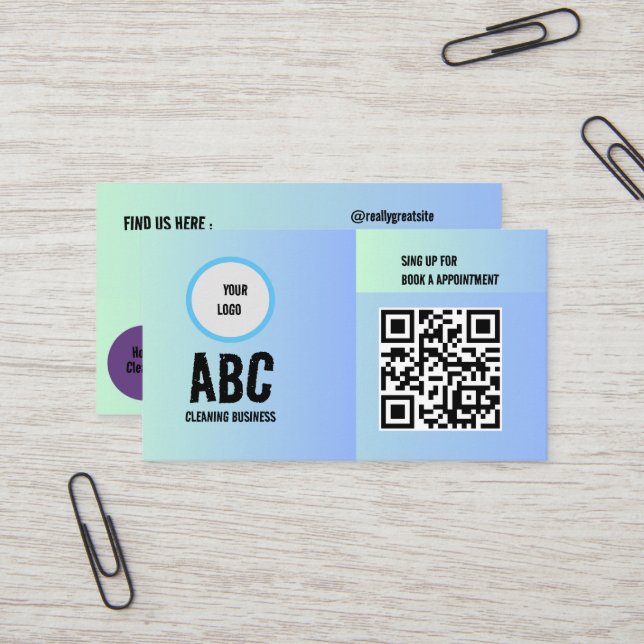 Carte De Visite Bleu Vert Services de nettoyage mixte Code QR (Devant/Arrière en situation)