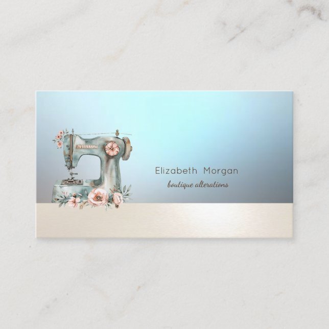 Carte de visite bleue avec machine à coudre floral (Devant)
