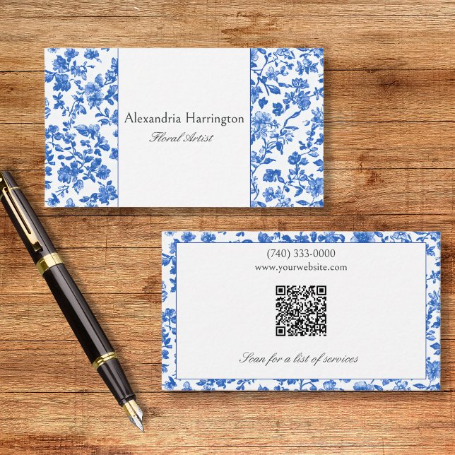 Carte de visite bleue florale avec code QR (Créateur téléchargé)