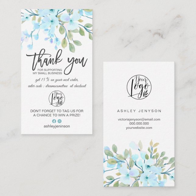 Carte De Visite Blossoms bleu floral logo commander merci (Devant / Derrière)