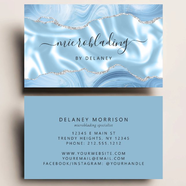 Carte De Visite Blue Agate Paillettes Argent Microblading Luxe (Créateur téléchargé)