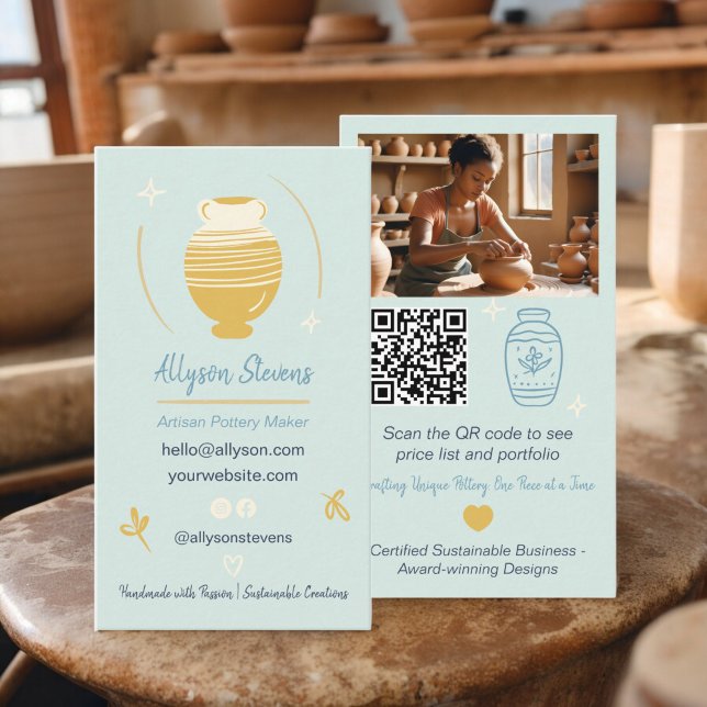 Carte De Visite Blue Artisan Pottery Maker Artisanat photo code qr (Blue Artisan Pottery Maker Crafts photo qr code Business Card)