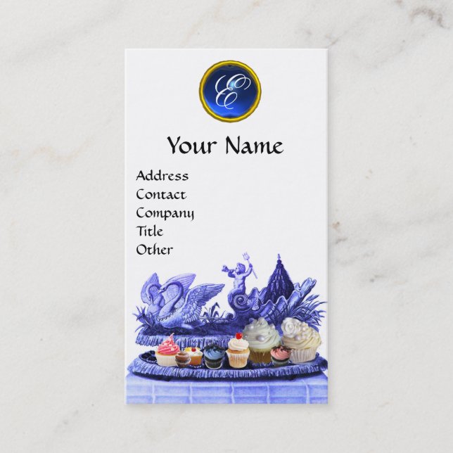 CARTE DE VISITE BLUE CERISE OF SWANS WITH CUPCAKES AND PASTRY (Devant)