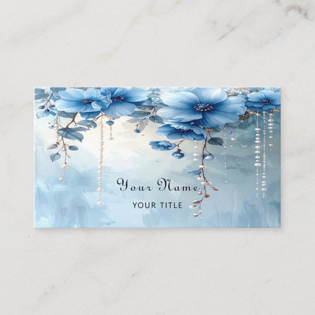 Carte De Visite Blue Flowers and Pearls Business Card (Devant)